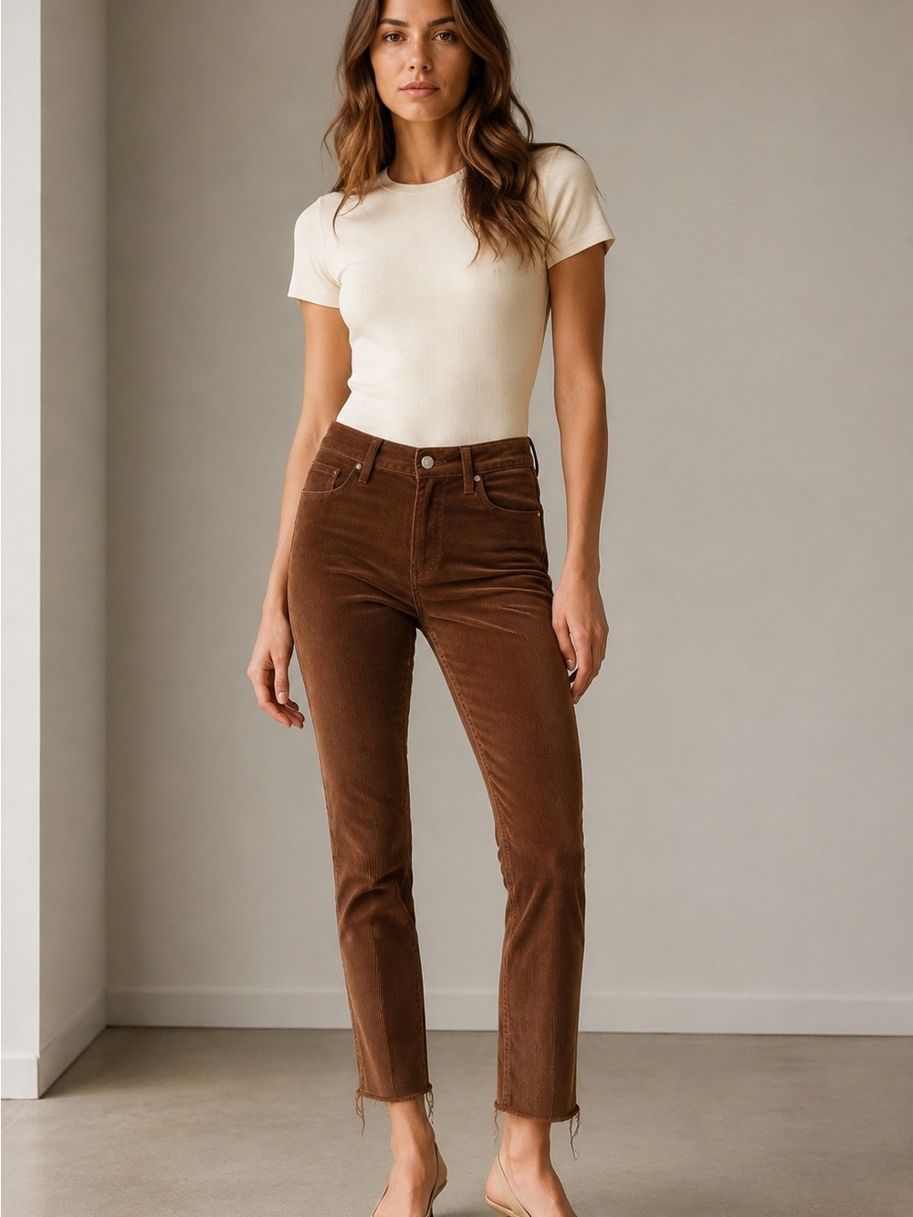Mother The Mid Rise Dazzler Ankle Fray Corduroy Pants Brown Size 29